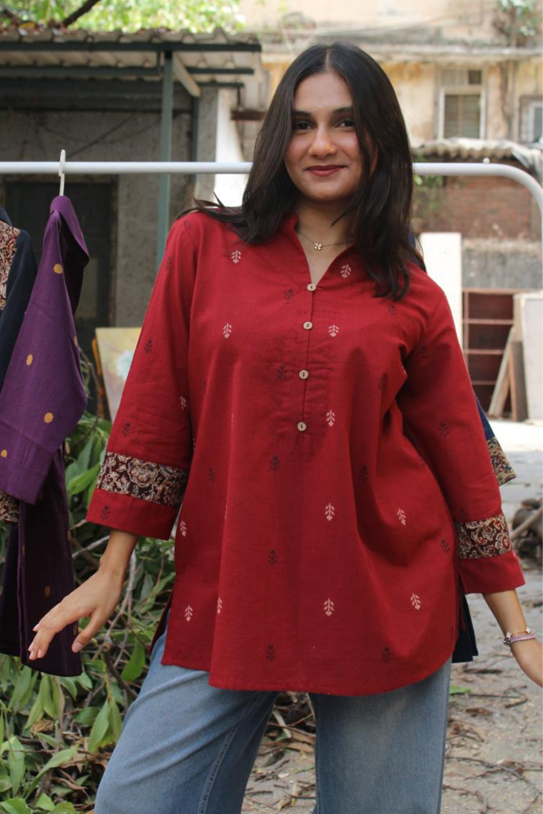 Crimson Leaf Print Kurti with Kalamkari Cuffs - Bela Vora