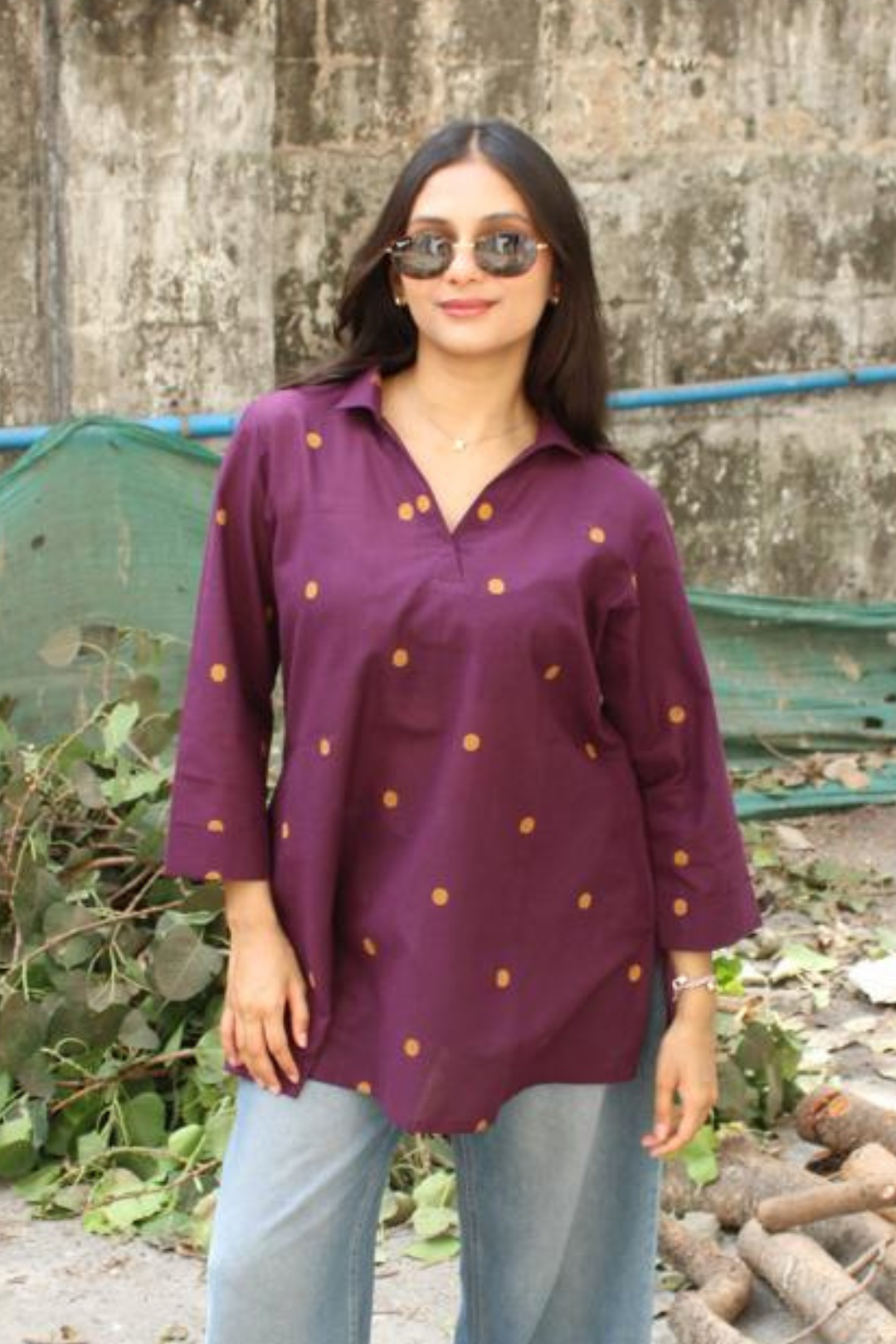 Plum Polka Dot Collar Cotton Kurti - Bela Vora