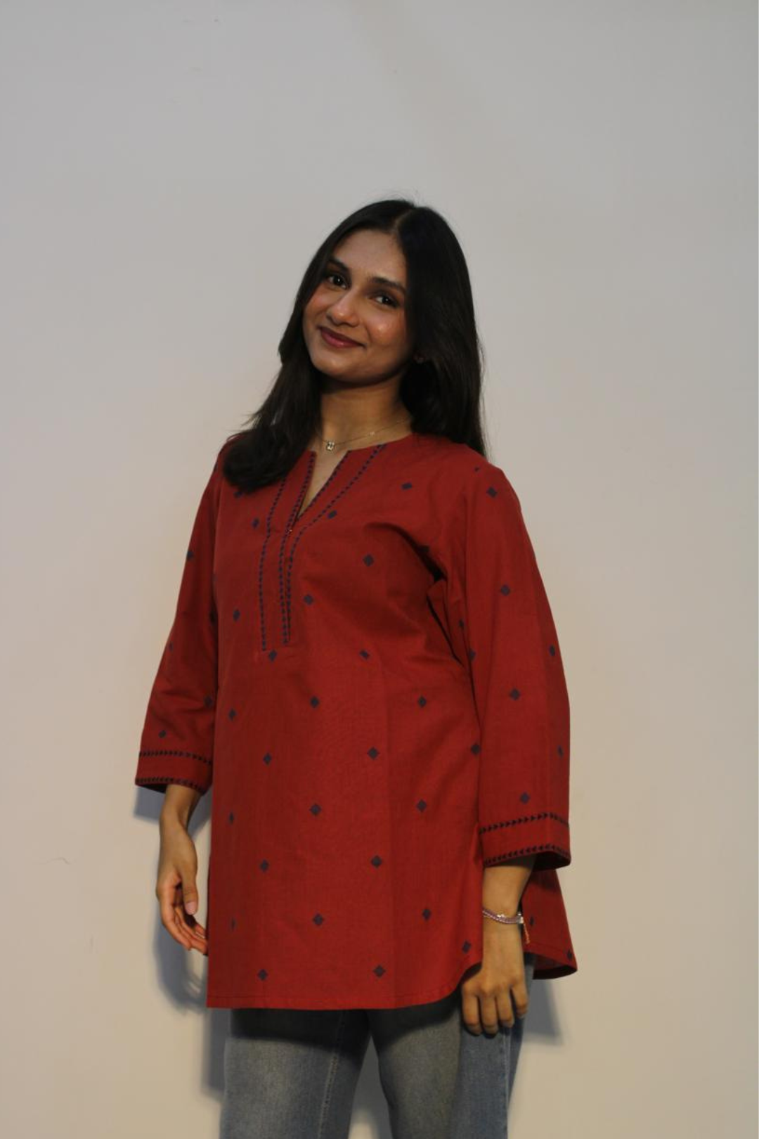Maroon Diamond Embroidered Cotton Kurti - Bela Vora