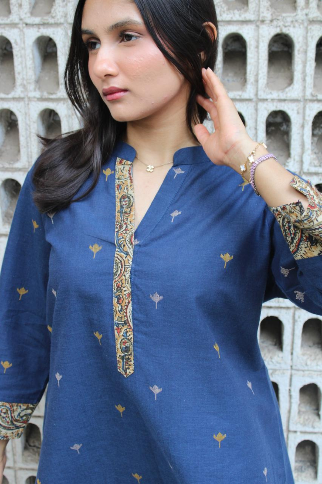Indigo Lotus Kalamkari Cotton Kurti - Bela Vora